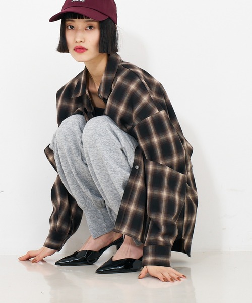 NOMINE（ノミネ）の「【ユニセックス】ロングヨーク オーバーサイズ チェックシャツ（シャツ/ブラウス・レディース・ブラック/ブラウン・フリー）」の12枚目の写真