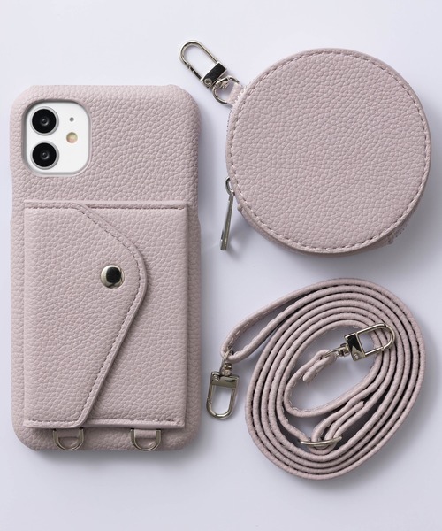 iPhone カバー　カードケース付き　グレー iPhoneケース カバー カード収納 ストラップ コインケース 【SE/11/12
