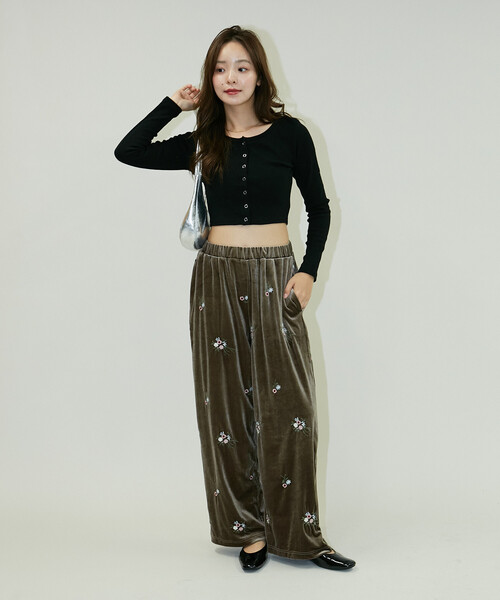 セール】PUBLUX/パブリュクス 花刺繍 ベロア イージーパンツ 限定展開