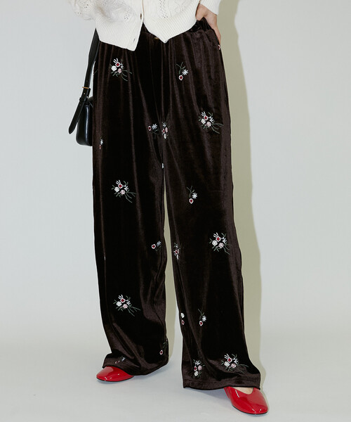 セール】PUBLUX/パブリュクス 花刺繍 ベロア イージーパンツ 限定展開