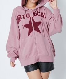 《ビッグスターアップリケ》レディース 裏毛 ジップパーカー 長袖 フーディ カジュアル 春秋冬