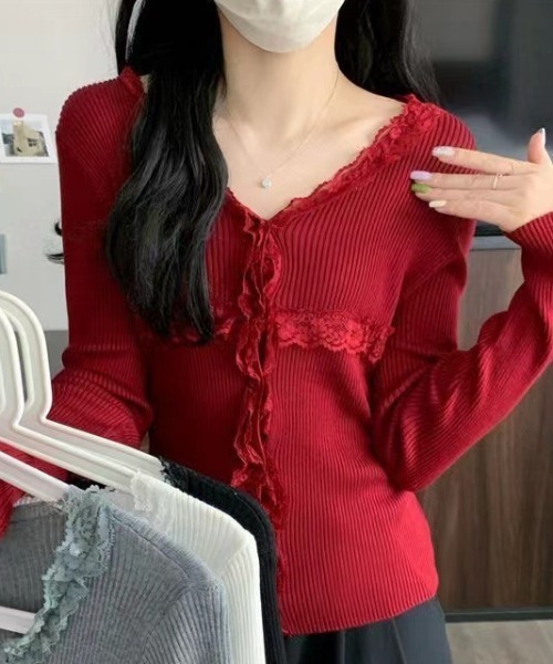 Vipoa(ヴィポア)の「フリルレースステッチトップス(Tシャツ/カットソー・レディース・ホワイト/レッド/ブラック/グレー・FREE)」の9枚目の写真