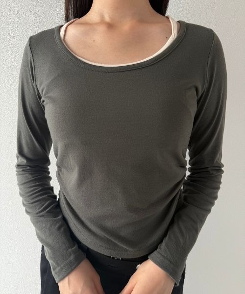 Geeong(ジーオン)の「【ZOZO限定】バイカラー インナーレイヤード カットソー(Tシャツ/カットソー・レディース・カーキ/ホワイト/ブラウン/ブラック・FREE)」の15枚目の写真
