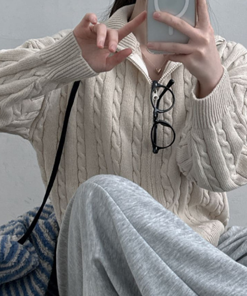 セール】ダブルジップ ケーブルニットカーディガン（ニット/セーター