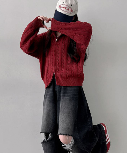 VIVID LADY(ビビッドレディー)の「ダブルジップ ケーブルニットカーディガン(ニット/セーター・レディース・ベージュ/チャコールグレー/クリーム/ブルー/バーガンディー・FREE)」の18枚目の写真