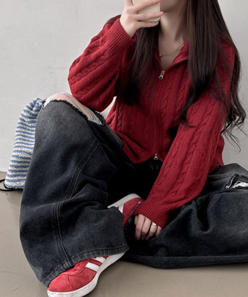 セール】ダブルジップ ケーブルニットカーディガン（ニット/セーター