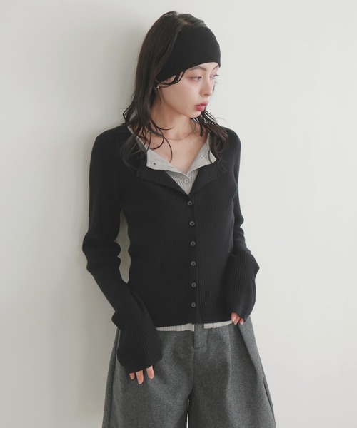 LIAN（リアン）の「レイヤードバイカラークルーネックカーディガン（カーディガン/ボレロ・レディース・レッド/ブラウン/ブラック/グレー・FREE）」の5枚目の写真