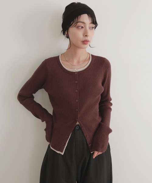 レイヤードバイカラークルーネックカーディガン（カーディガン/ボレロ