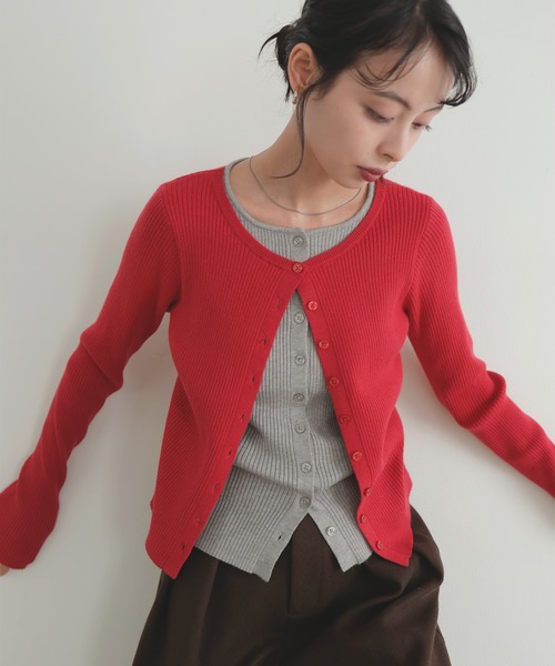 セール】レイヤードバイカラークルーネックカーディガン（カーディガン