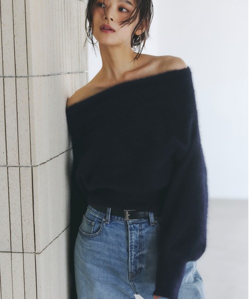 anuans★ ラクーンフォックスオフショルニットプルオーバー　ネイビー アニュアンス anuans ラクーンフォックスオフショルニットプルオーバー