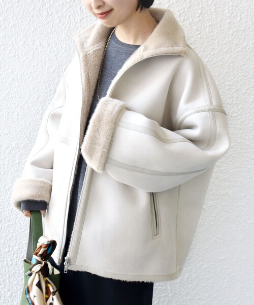 SHIPS（シップス）の「フェイク ムートン ジップ コート（ムートンコート・レディース・ブラック/ナチュラル・ONE SIZE）」の8枚目の写真