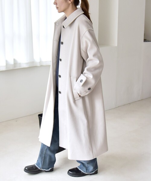 quaranciel(カランシエル)の「quaranciel: PURE WOOL スタンド & ステンカラー ロング コート(ステンカラーコート・レディース・ライトグレー/ブラック・ONE SIZE)」の5枚目の写真