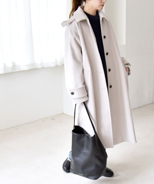 quaranciel: PURE WOOL スタンド ステンカラー Aライン ロング コート