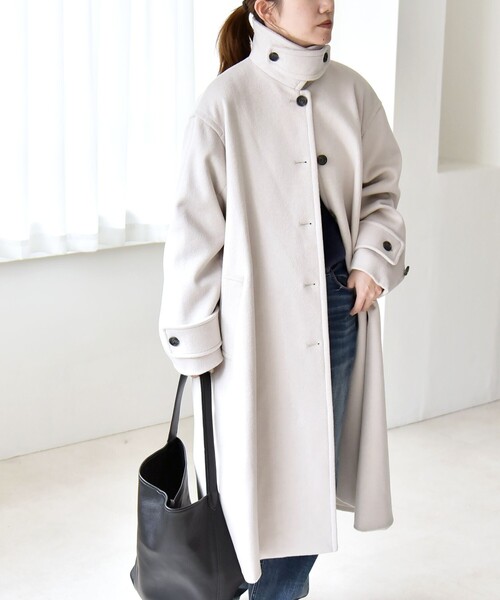 quaranciel(カランシエル)の「quaranciel: PURE WOOL スタンド & ステンカラー ロング コート(ステンカラーコート・レディース・ライトグレー/ブラック・ONE SIZE)」の12枚目の写真