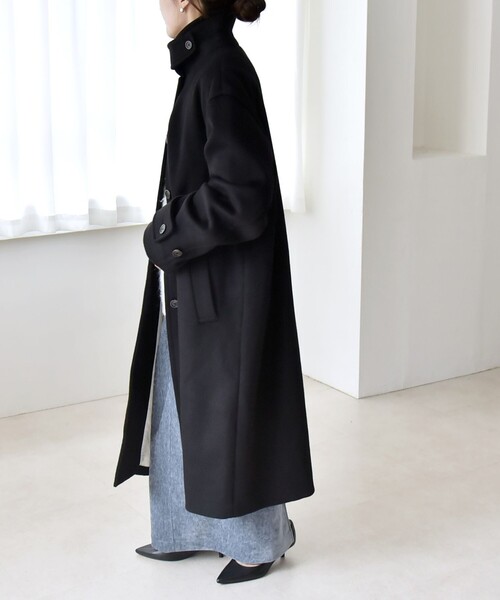 quaranciel: PURE WOOL スタンド ステンカラー Aライン ロング コート
