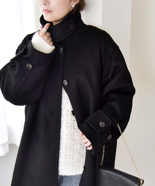 quaranciel: PURE WOOL スタンド ステンカラー Aライン ロング コート