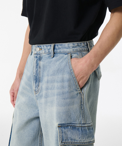 MUSINSA STANDARD（ムシンサスタンダード）の「ビッグブラシカーゴバミューダデニムパンツ[スカイブルー]（デニムパンツ・メンズ・その他・30/31/33/26/27/28/40/38/42/36/34/32/29）」の4枚目の写真