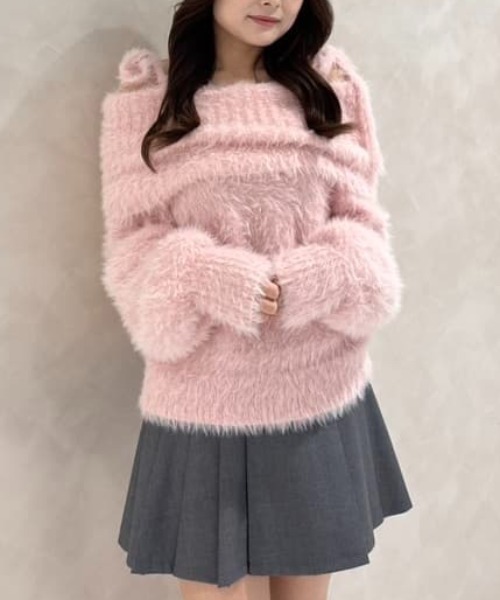 rienda(リエンダ)の「2WAYファーライクジャガードニットトップス 秋服 冬服(ニット/セーター・レディース・ピンク/ブラック/ベージュ・FREE)」の1枚目の写真