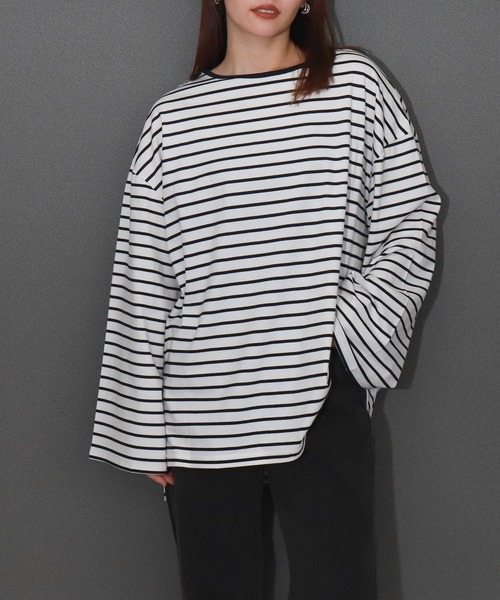 libelle more（リベル モア）の「ボーダーフレアスリーブビッグロンT / デイリー / 体型カバー（Tシャツ/カットソー・レディース・ブラック/ホワイト/グリーン/ボルドー・M）」の2枚目の写真