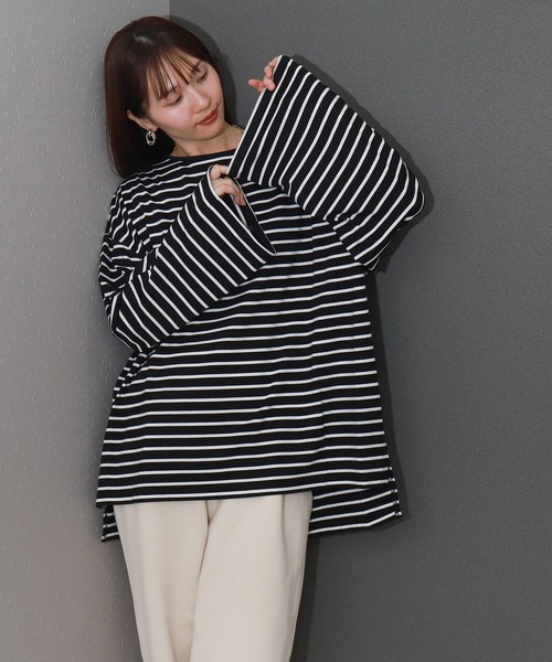 libelle more（リベル モア）の「ボーダーフレアスリーブビッグロンT / デイリー / 体型カバー（Tシャツ/カットソー・レディース・ブラック/ホワイト/グリーン/ボルドー・M）」の3枚目の写真