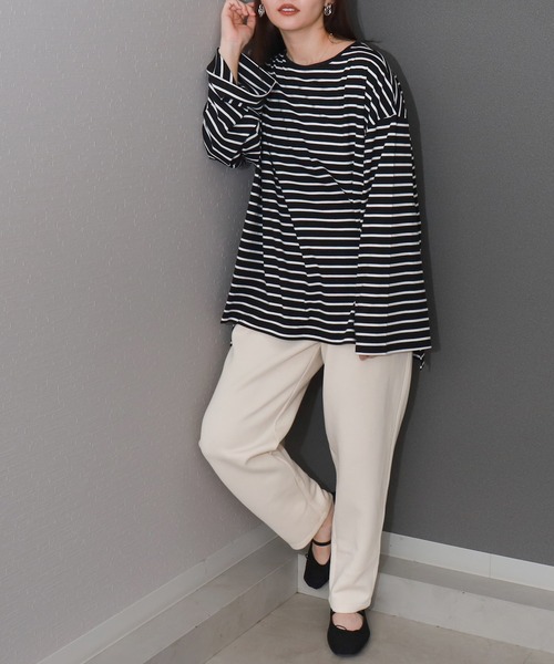 libelle more(リベル モア)の「ボーダーフレアスリーブビッグロンT / デイリー / 体型カバー(Tシャツ/カットソー・レディース・ブラック/ホワイト/グリーン/ボルドー・M)」の15枚目の写真