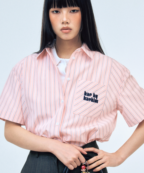 ストライプショーツスリーブシャツ_ピンク