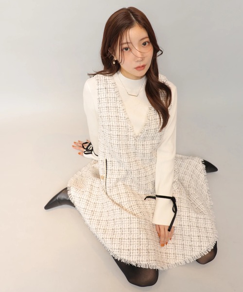 Apuweiser-riche2025冬最新ツイードプリーツジャンスカワンピーM