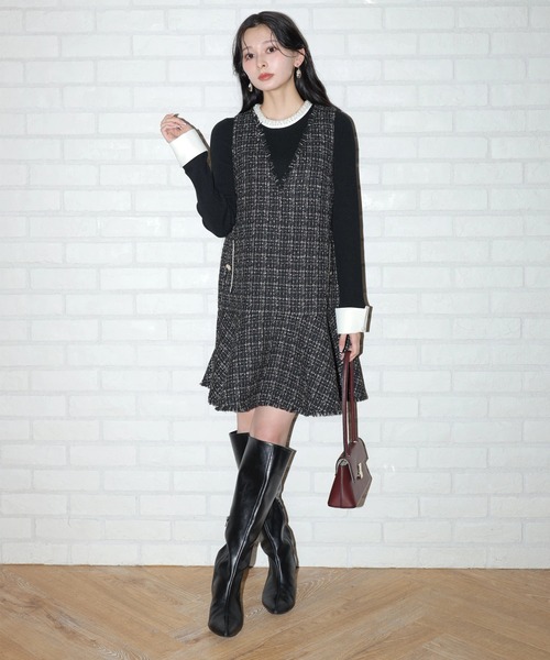 Apuweiser-riche2025冬最新ツイードプリーツジャンスカワンピーM
