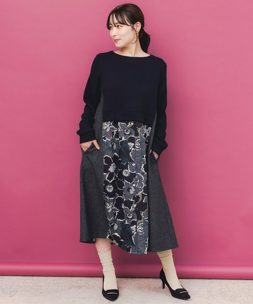 セール】553261：花柄ヘリンボーン×裏毛×布帛 異素材切替ワンピース