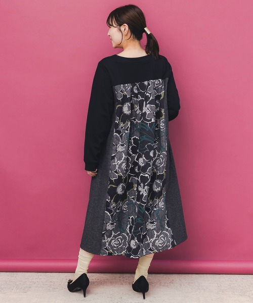 セール】553261：花柄ヘリンボーン×裏毛×布帛 異素材切替ワンピース