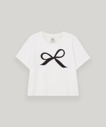 UBEIGE（ユーベイジ）の「Ribbon Semi-Crop Short Sleeve T-Shirt (White)（Tシャツ/カットソー）」