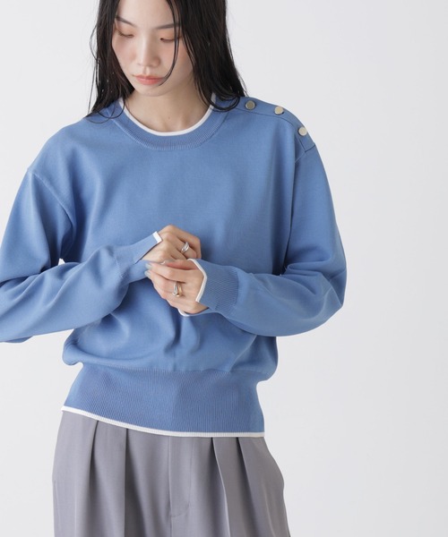 NANO universe（ナノユニバース）の「洗濯機洗可UVカットバイカラー釦ディティールニット（ニット/セーター・レディース・ブルー/ネイビー/ホワイト・FREE）」の3枚目の写真