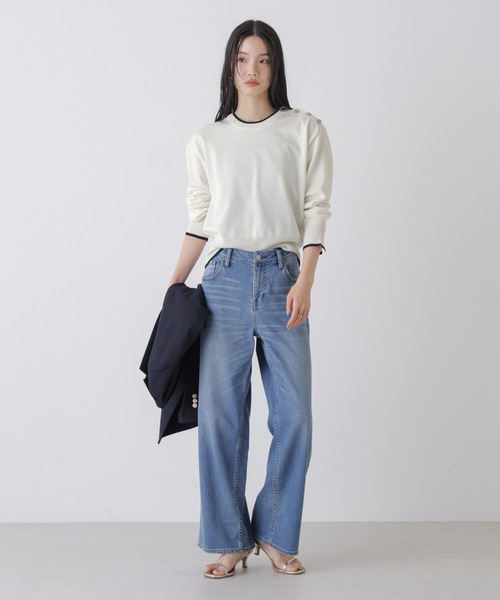 NANO universe（ナノユニバース）の「洗濯機洗可UVカットバイカラー釦ディティールニット（ニット/セーター・レディース・ブルー/ネイビー/ホワイト・FREE）」の8枚目の写真