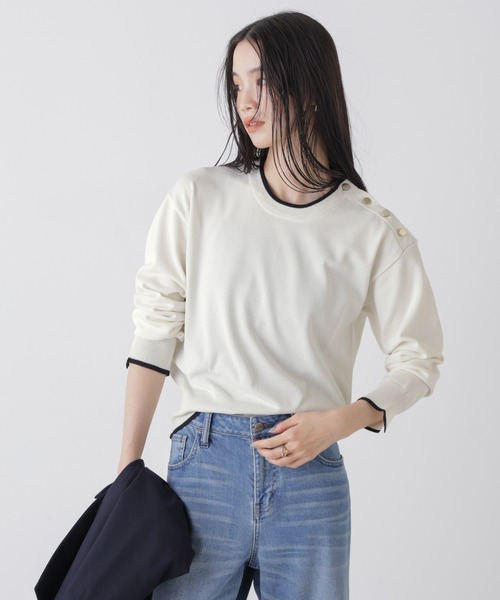 NANO universe（ナノユニバース）の「洗濯機洗可UVカットバイカラー釦ディティールニット（ニット/セーター・レディース・ブルー/ネイビー/ホワイト・FREE）」の5枚目の写真