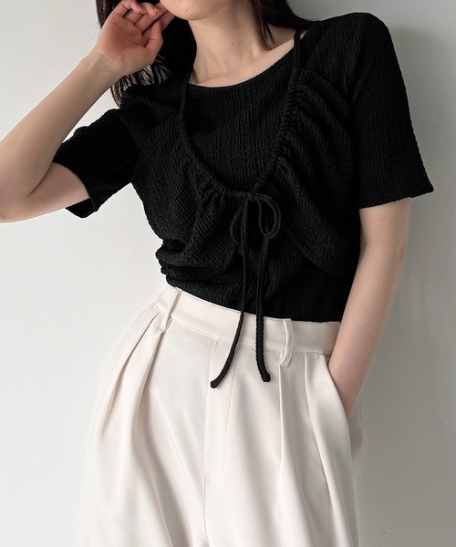 junoah(ジュノア)の「フロントリボンレイヤード半袖カットソー(Tシャツ/カットソー・レディース・ブラウン/ブラック/クリーム・LARGE/MEDIUM/SMALL)」の2枚目の写真
