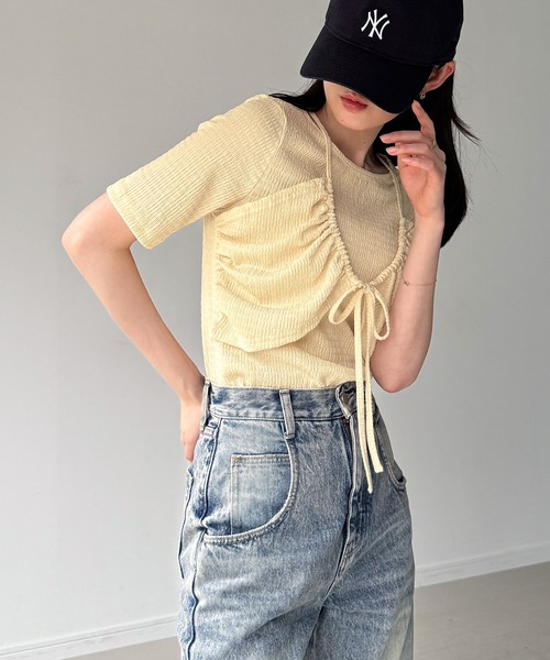 junoah(ジュノア)の「フロントリボンレイヤード半袖カットソー(Tシャツ/カットソー・レディース・ブラウン/ブラック/クリーム・LARGE/MEDIUM/SMALL)」の4枚目の写真