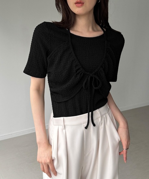 junoah(ジュノア)の「フロントリボンレイヤード半袖カットソー(Tシャツ/カットソー・レディース・ブラウン/ブラック/クリーム・LARGE/MEDIUM/SMALL)」の6枚目の写真