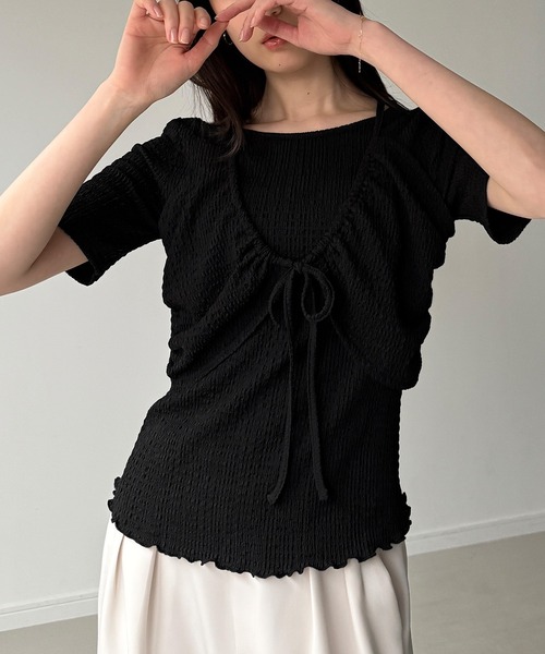 junoah(ジュノア)の「フロントリボンレイヤード半袖カットソー(Tシャツ/カットソー・レディース・ブラウン/ブラック/クリーム・LARGE/MEDIUM/SMALL)」の7枚目の写真