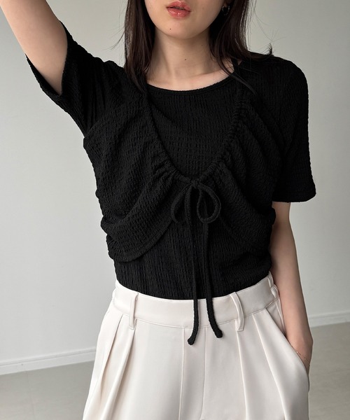 junoah(ジュノア)の「フロントリボンレイヤード半袖カットソー(Tシャツ/カットソー・レディース・ブラウン/ブラック/クリーム・LARGE/MEDIUM/SMALL)」の8枚目の写真