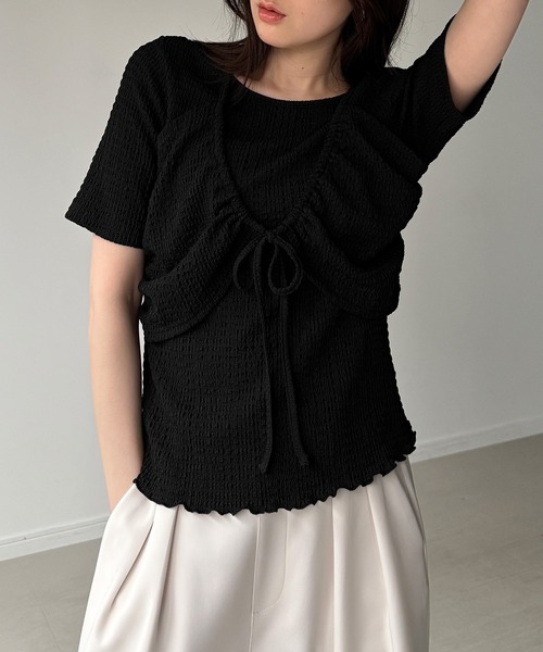 junoah(ジュノア)の「フロントリボンレイヤード半袖カットソー(Tシャツ/カットソー・レディース・ブラウン/ブラック/クリーム・LARGE/MEDIUM/SMALL)」の9枚目の写真