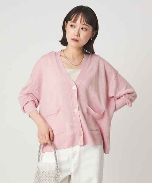green label relaxing（グリーンレーベルリラクシング）の「フレンチリネン Vネック カーディガン ウォッシャブル（カーディガン/ボレロ・レディース・ナチュラル/ブラック/ライム/ピンク/ブラウン・FREE）」の5枚目の写真