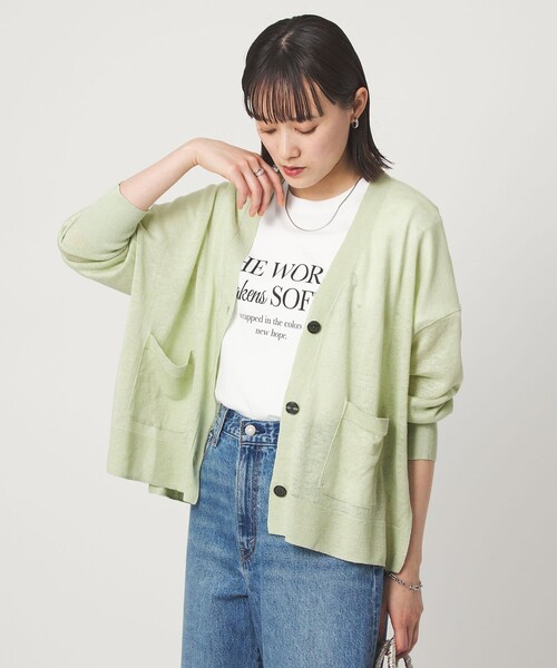 green label relaxing（グリーンレーベルリラクシング）の「フレンチリネン Vネック カーディガン ウォッシャブル（カーディガン/ボレロ・レディース・ナチュラル/ブラック/ライム/ピンク/ブラウン・FREE）」の4枚目の写真