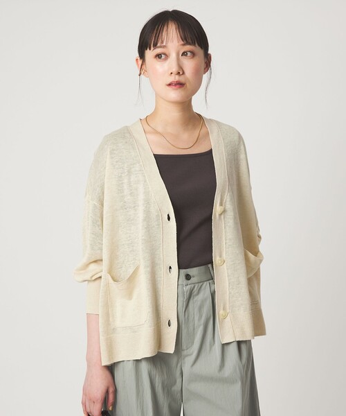 green label relaxing（グリーンレーベルリラクシング）の「フレンチリネン Vネック カーディガン ウォッシャブル（カーディガン/ボレロ・レディース・ナチュラル/ブラック/ライム/ピンク/ブラウン・FREE）」の9枚目の写真
