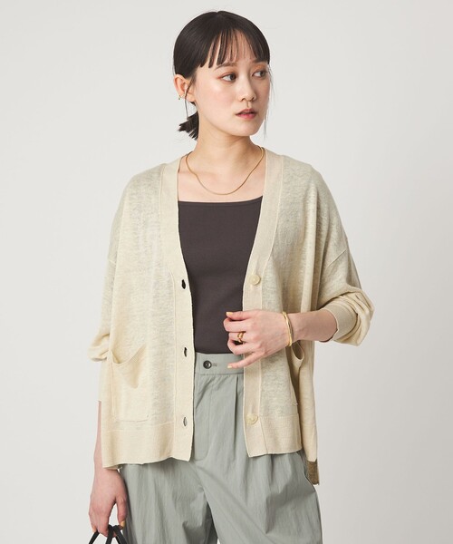 green label relaxing（グリーンレーベルリラクシング）の「フレンチリネン Vネック カーディガン ウォッシャブル（カーディガン/ボレロ・レディース・ナチュラル/ブラック/ライム/ピンク/ブラウン・FREE）」の10枚目の写真