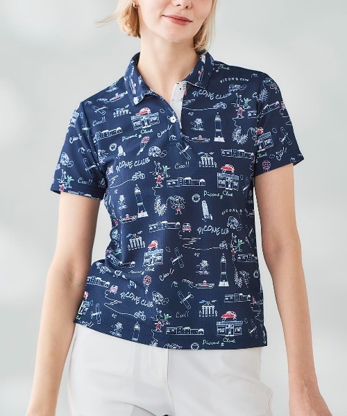 Picone CLUB(ピッコーネクラブ)の「総柄プリントUVポロシャツ(ポロシャツ・レディース・ブルー/ホワイト/ネイビー/イエロー・13号/11号/9号)」の18枚目の写真