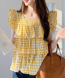 Ada.（エイダ）の「ギンガムチェックデザイン フレンチスリーブ スクエアネック ブラウス（シャツ/ブラウス）」