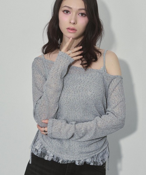 ENVYM(アンビー)の「スラブトップス&ヘムレースキャミSET(Tシャツ/カットソー・レディース・ブラック/グレー/カーキ・FREE)」の3枚目の写真