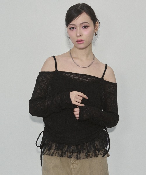 ENVYM(アンビー)の「スラブトップス&ヘムレースキャミSET(Tシャツ/カットソー・レディース・ブラック/グレー/カーキ・FREE)」の15枚目の写真