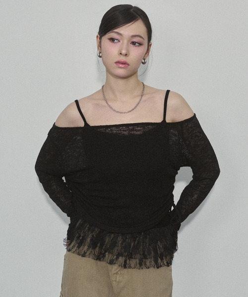 ENVYM(アンビー)の「スラブトップス&ヘムレースキャミSET(Tシャツ/カットソー・レディース・ブラック/グレー/カーキ・FREE)」の13枚目の写真