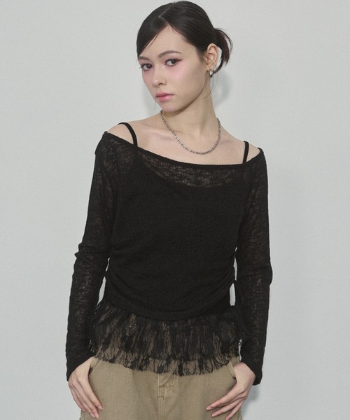 ENVYM(アンビー)の「スラブトップス&ヘムレースキャミSET(Tシャツ/カットソー・レディース・ブラック/グレー/カーキ・FREE)」の4枚目の写真